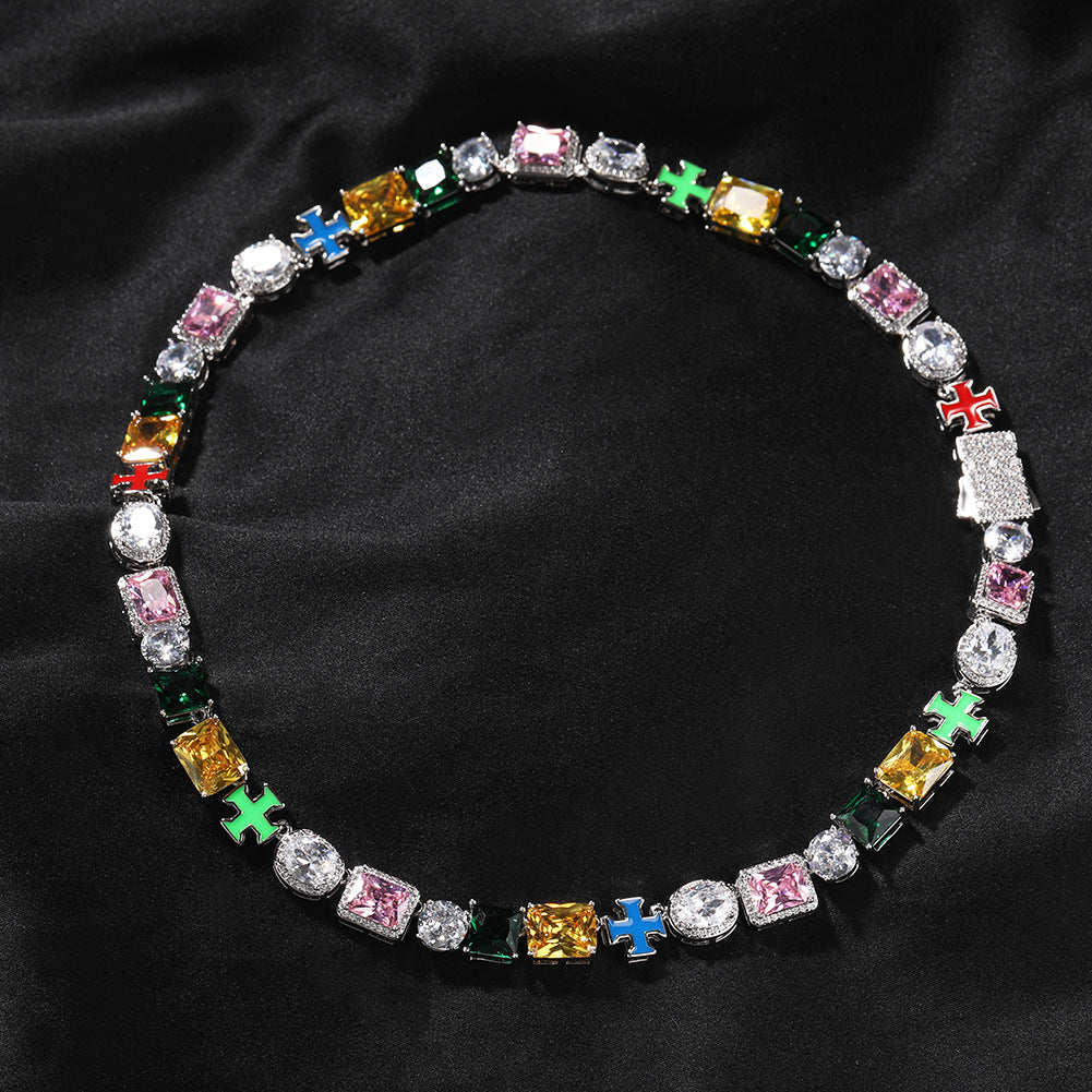 Hip-hop necklace with colorful zircon inlays and a square cross