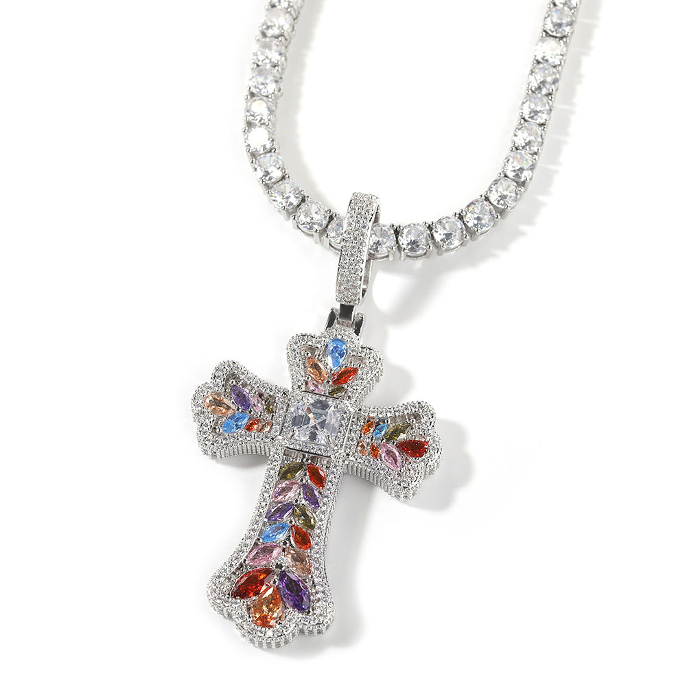 Hip-hop full diamond colorful wheat ear cross pendant