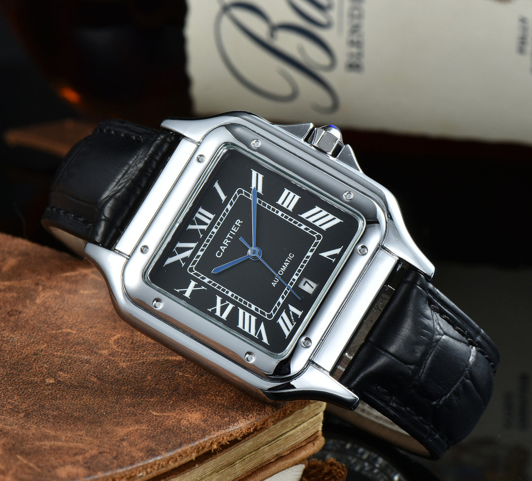 Leather Strap, Three-Hand Quartz Watch with Square Case
