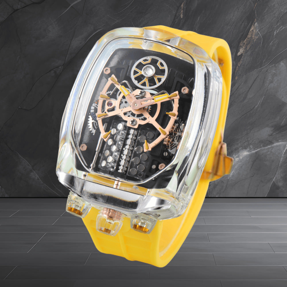 W16 Engine-Style Watch with Sparkling Transparent Crystal Case