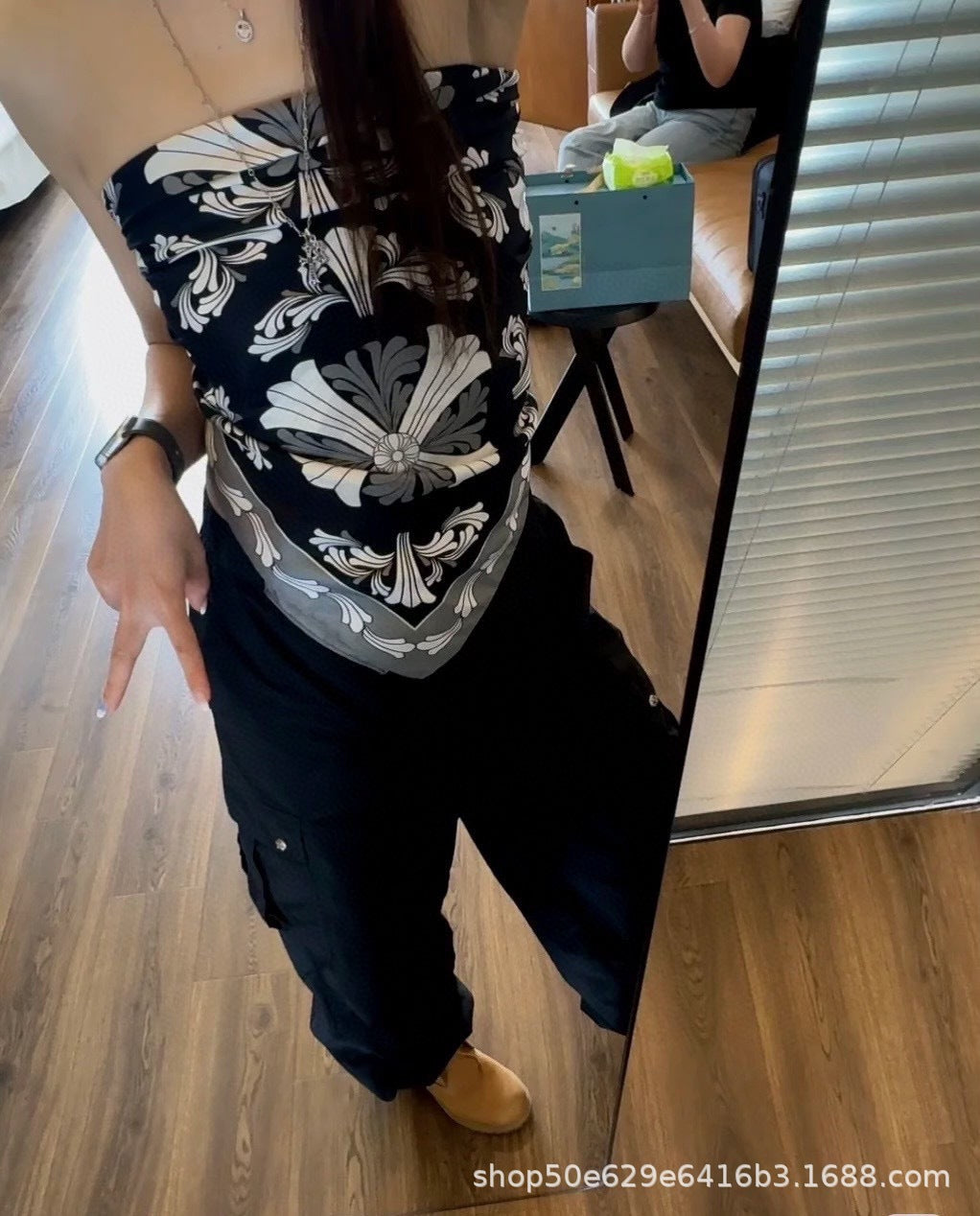 Chrome Hearts-Style All-Over Print Silk Bandeau Top