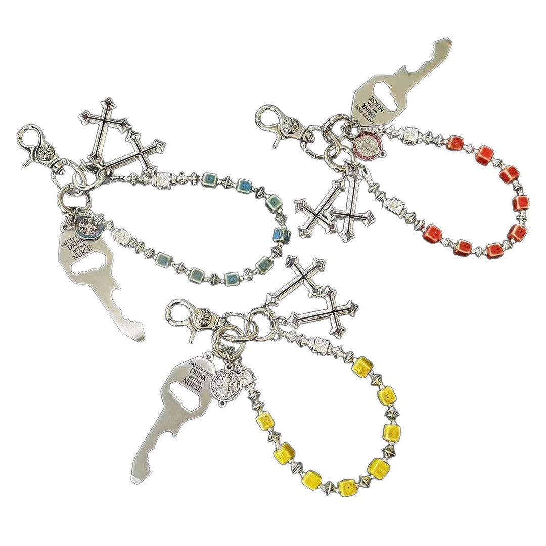Vintage Blue Ceramic Bead Keychain with Cross Charms