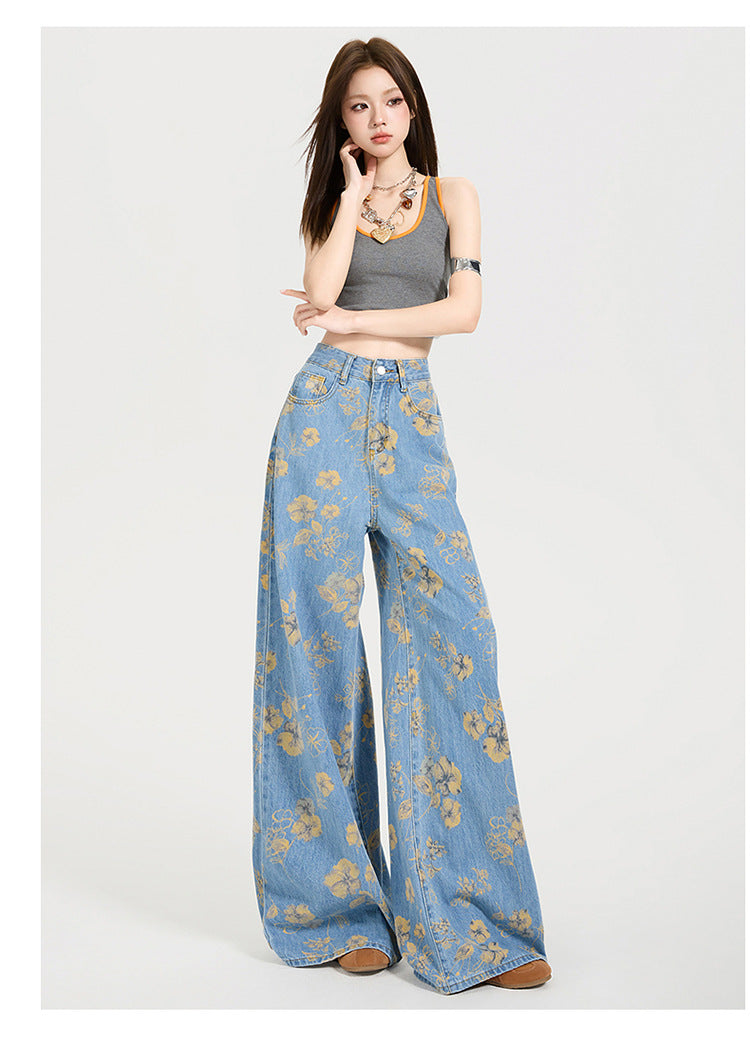 Y2K Floral Print Loose-Fit Flared Denim Trousers
