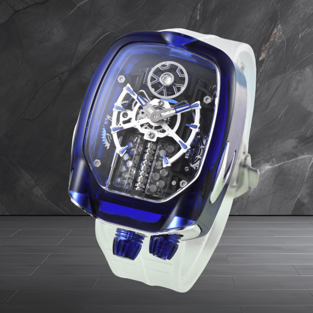 W16 Engine-Style Watch with Sparkling Transparent Crystal Case