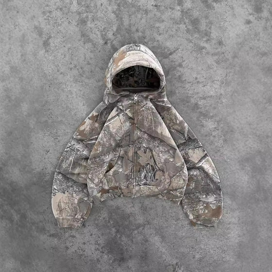 Y2K camouflage leaf hip-hop hoodie.