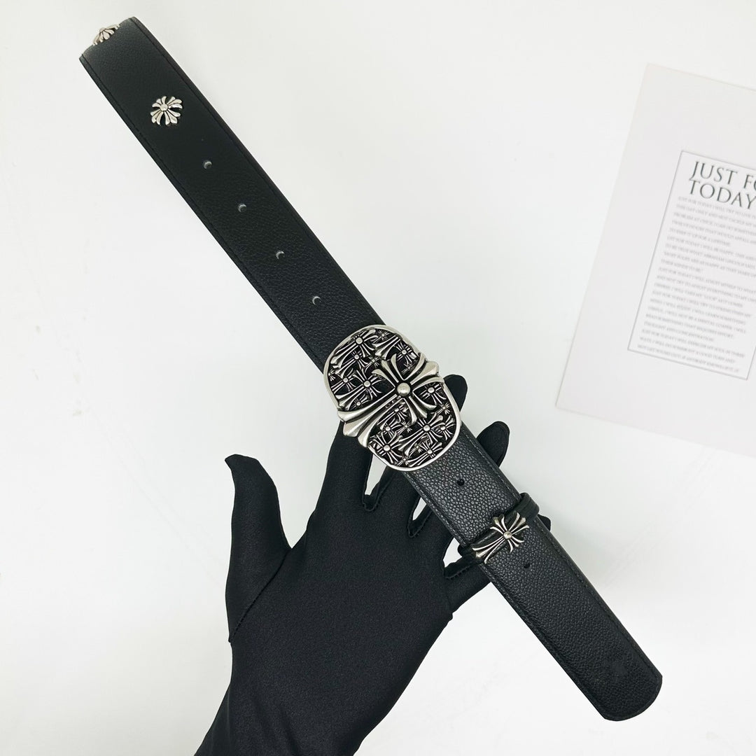 Chrome Hearts Cemetery Cross Classic PU Leather Belt with Rivets