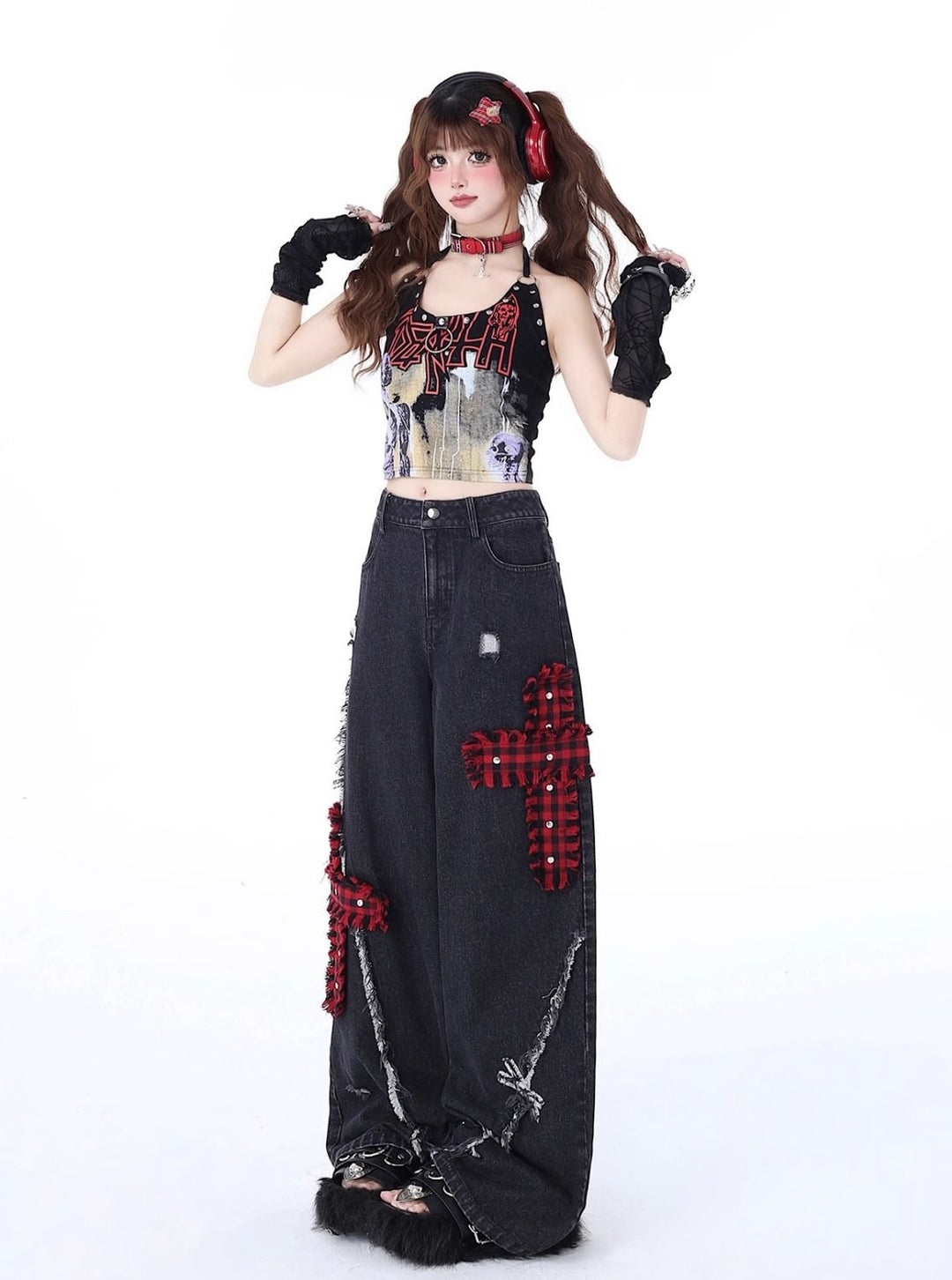 Rock-Punk Distressed Straight-Leg Wide-Leg Jeans