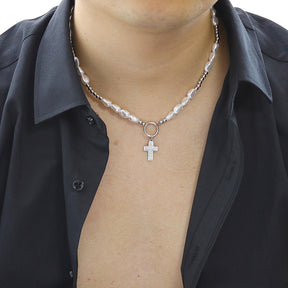 round pearl titanium steel cross necklace