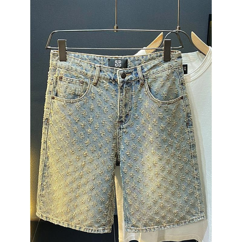 Loose Straight Leg Ripped Jacquard Five-Point Shorts