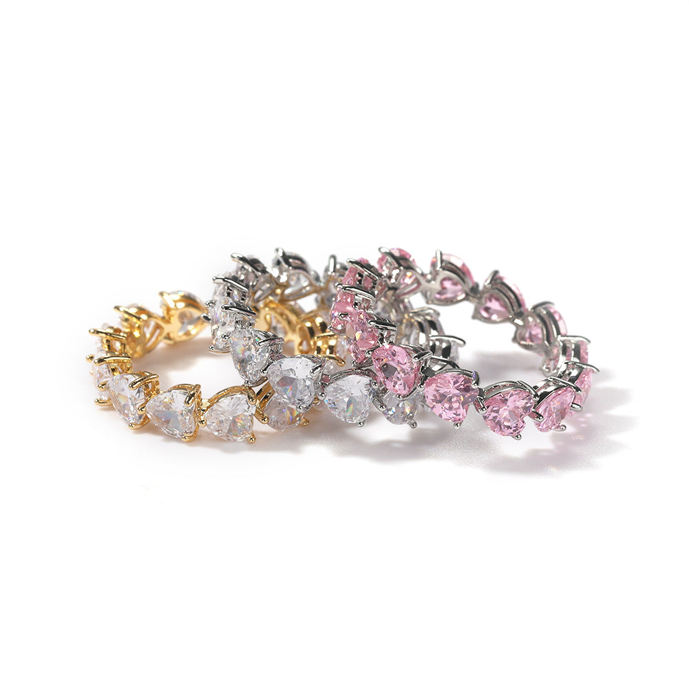 Hip-hop single-row heart-shaped zircon rings