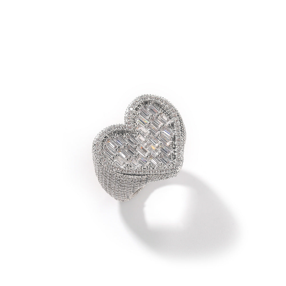 Hip-Hop T-Square & Heart-Shaped Zirconia Ring