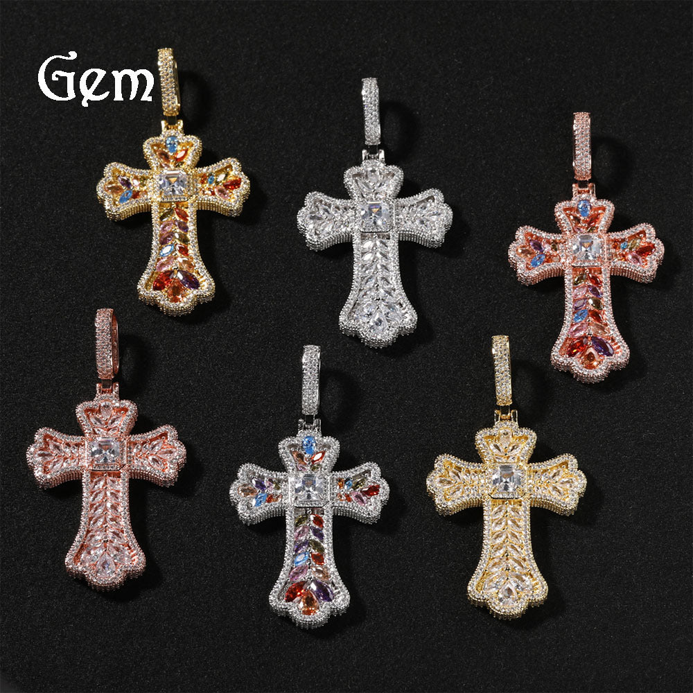 Hip-hop full diamond colorful wheat ear cross pendant