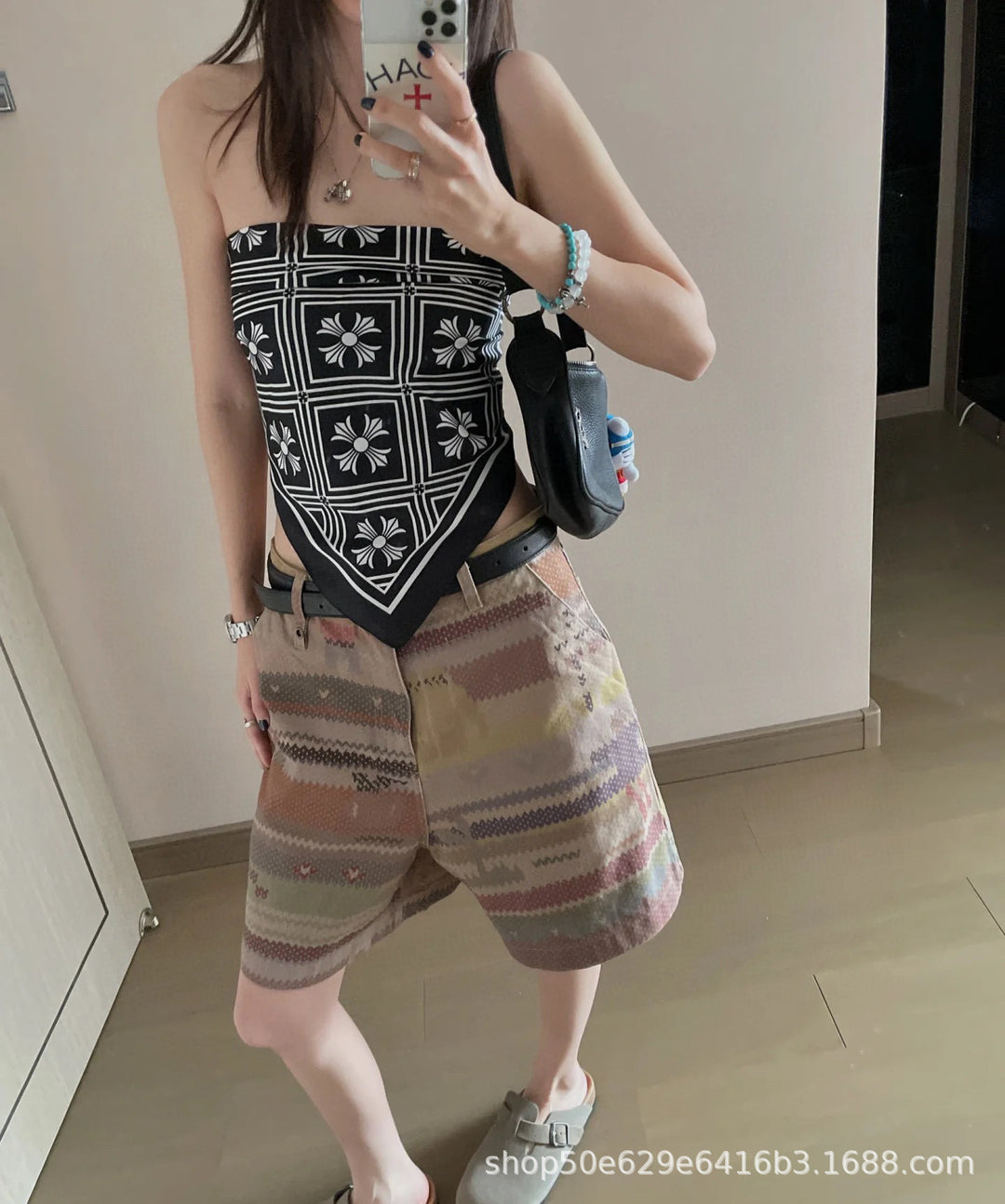 Chrome Hearts-Style All-Over Print Silk Bandeau Top
