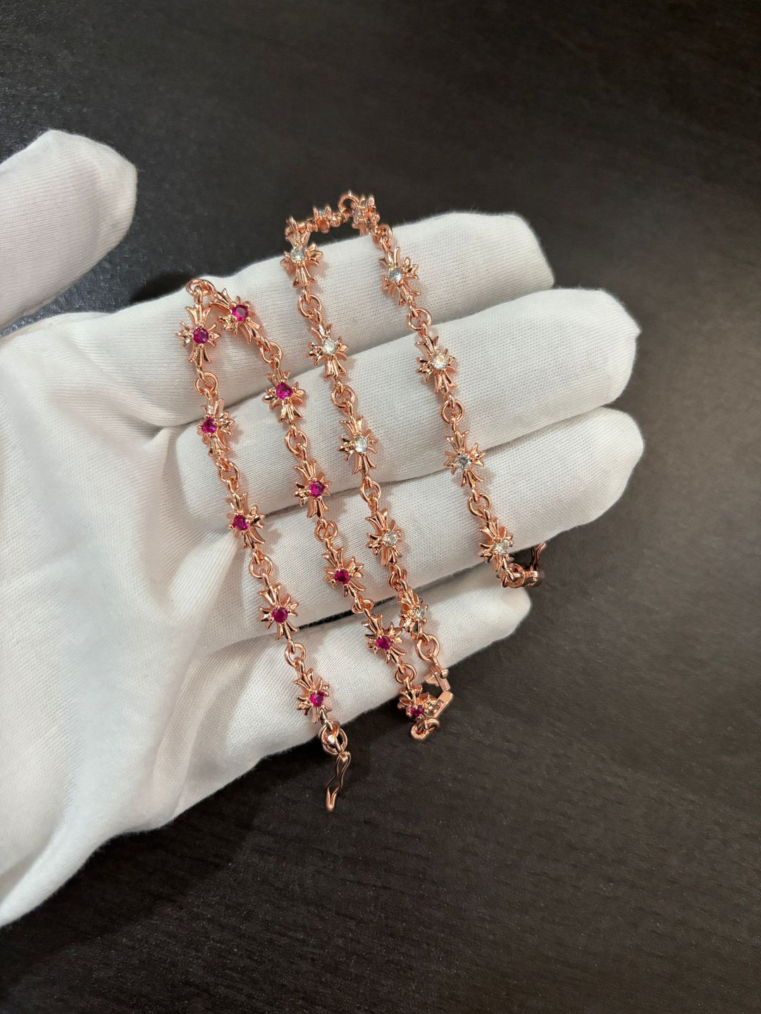 Chrome Hearts rose gold cross diamond bracelet.
