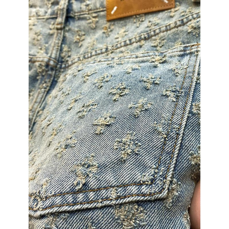 Loose Straight Leg Ripped Jacquard Five-Point Shorts