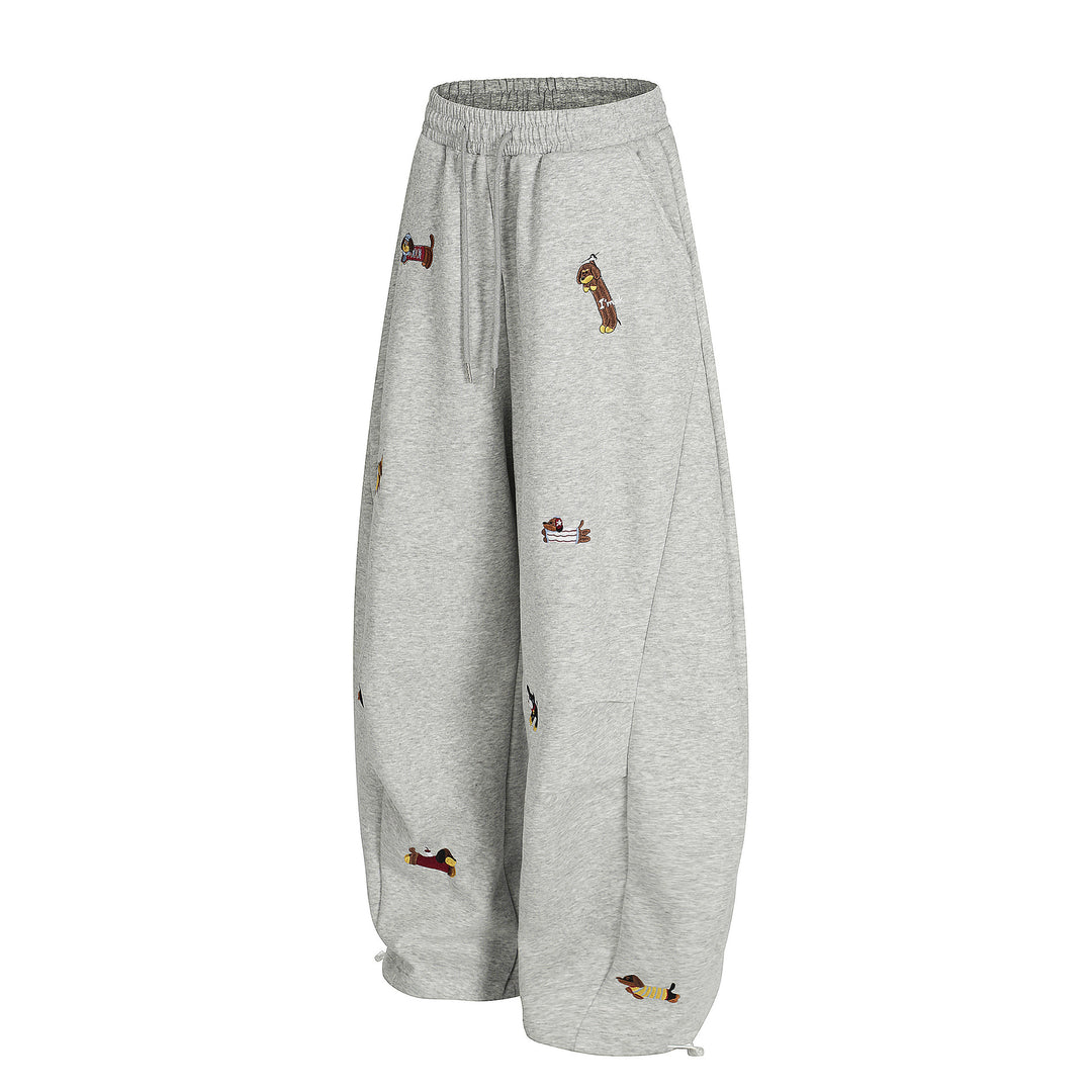 Cartoon Dog Print Straight-Leg Trousers Curved-Cut Casual Pants