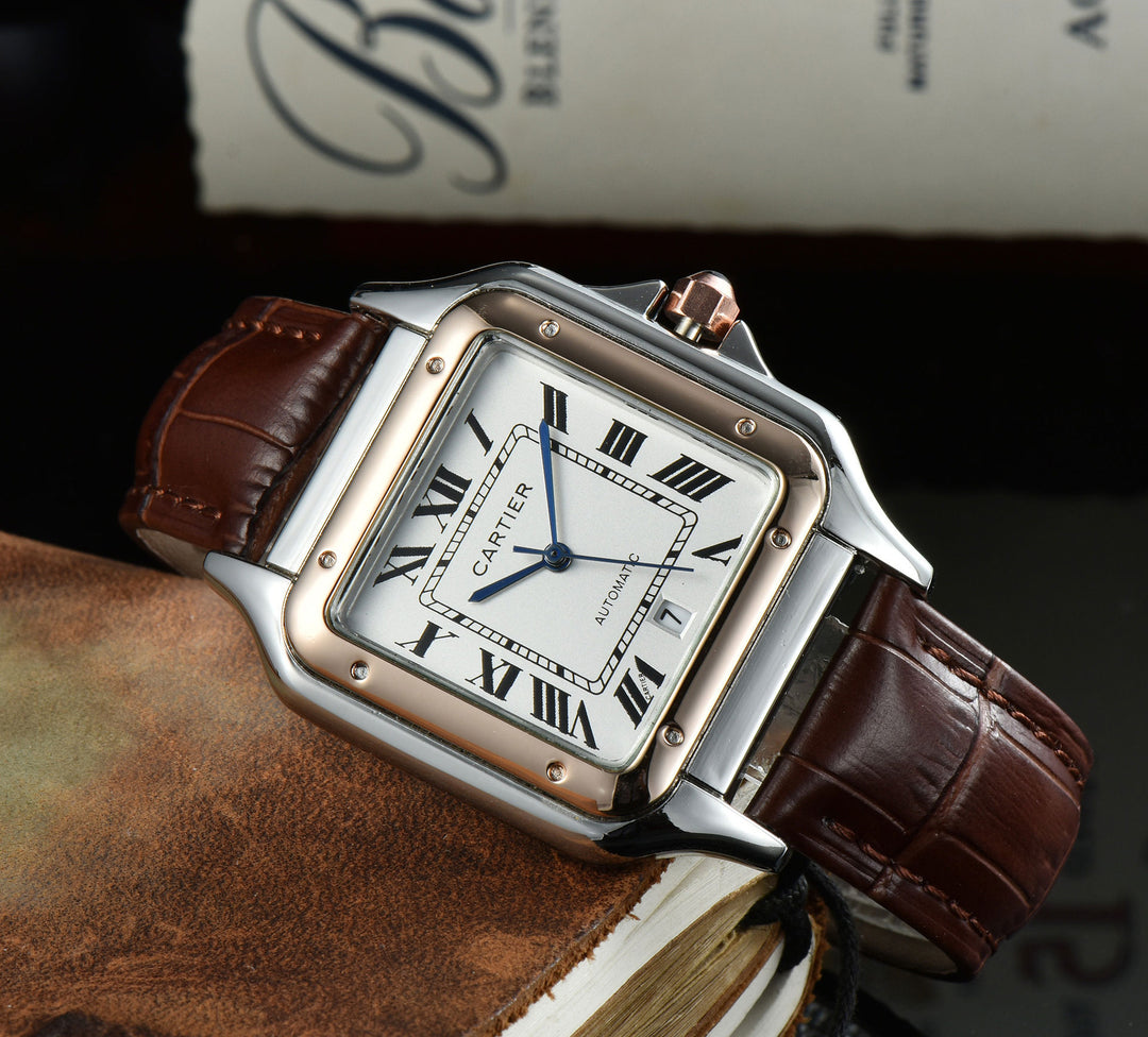 Leather Strap, Three-Hand Quartz Watch with Square Case