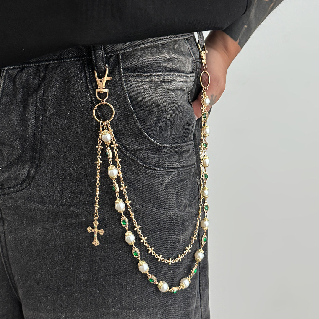 Pearl, Multi-Gemstone, Cross & Floral Pant Chain