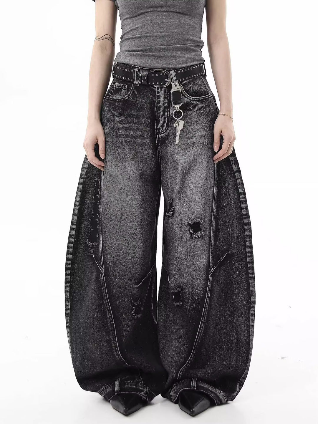 Retro Hong Kong Style Distressed Ripped Wide-Leg Jeans
