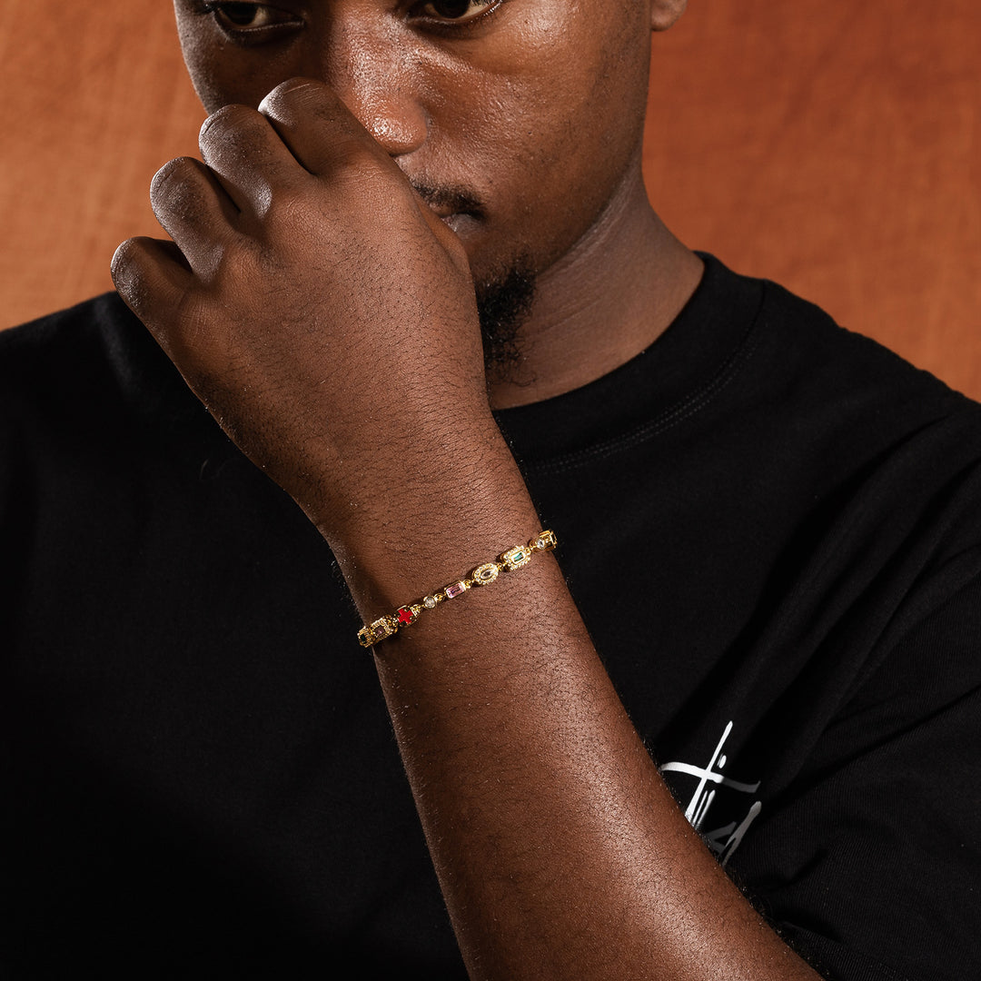 Hip-Hop Diamond-Encrusted 6mm Colored Gemstone Bracelet