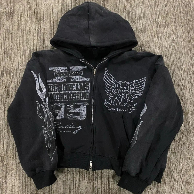Y2K hip-hop star print black zip-up hoodie