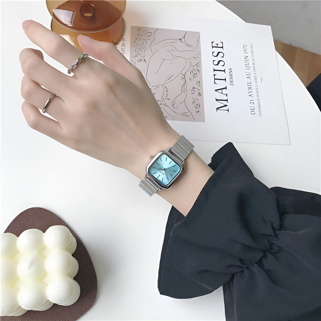 Collegiate-Style Square Watch with Bamboo-Texture & Sunray Dial
