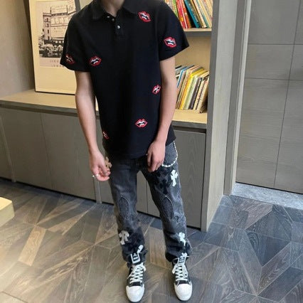 Chrome Hearts red lip print polo shirt