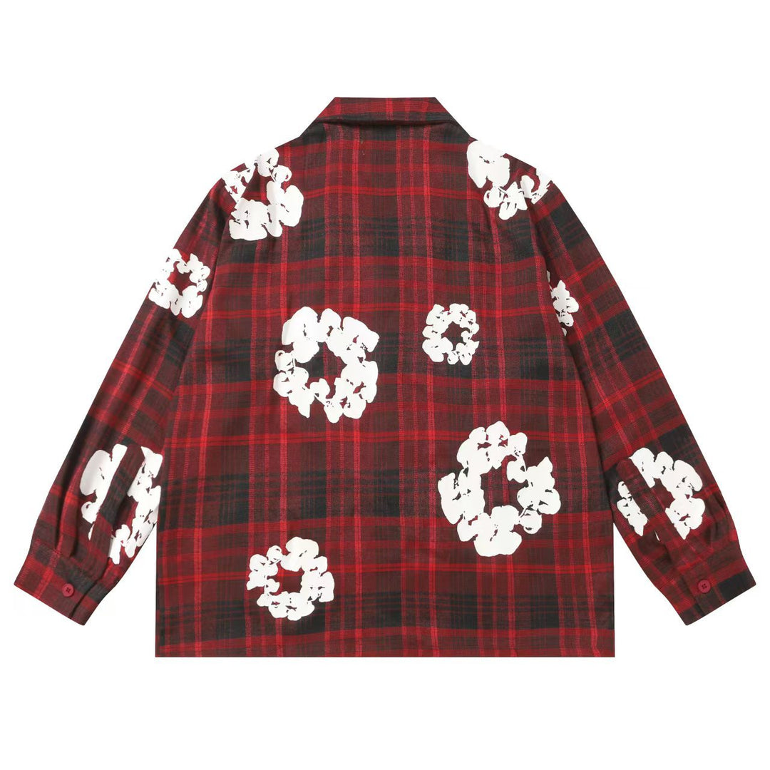 Kapok flower foam print plaid shirt set