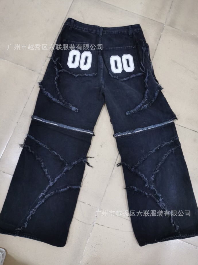 Paneled, Loose-Fit, Embroidered, and Fur-Trimmed Denim Jeans