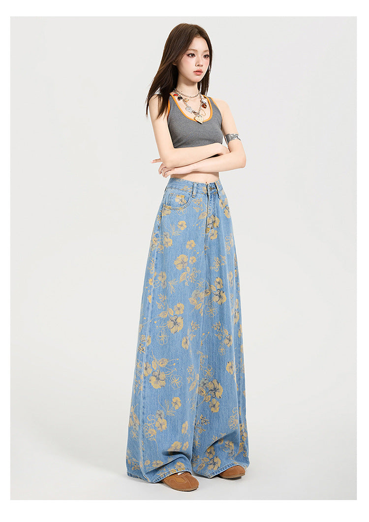 Y2K Floral Print Loose-Fit Flared Denim Trousers
