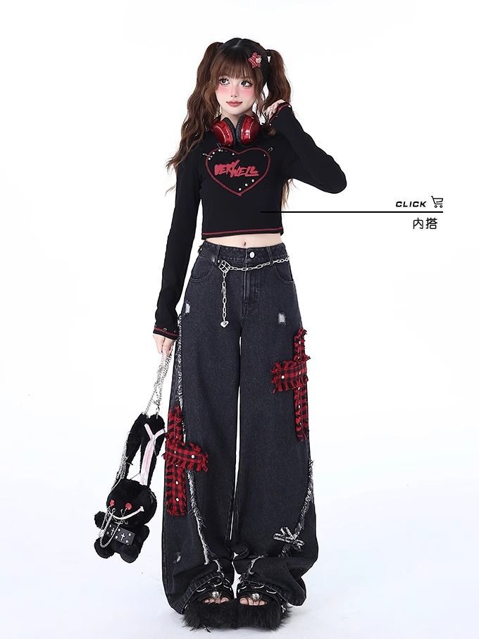 Rock-Punk Distressed Straight-Leg Wide-Leg Jeans