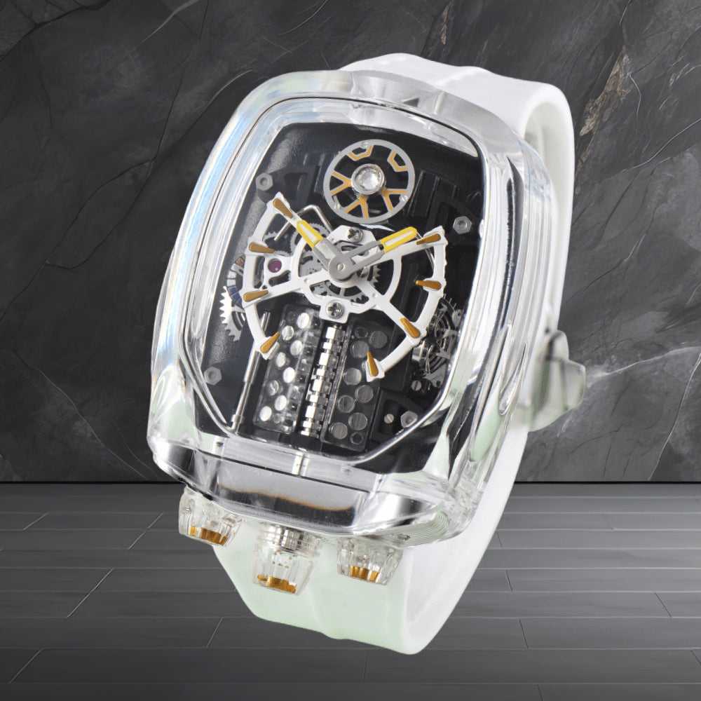 W16 Engine-Style Watch with Sparkling Transparent Crystal Case