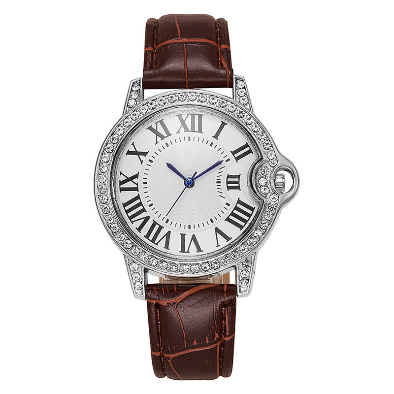 Fashion Diamond-Encrusted Women's Quartz Watch with Leather Strap