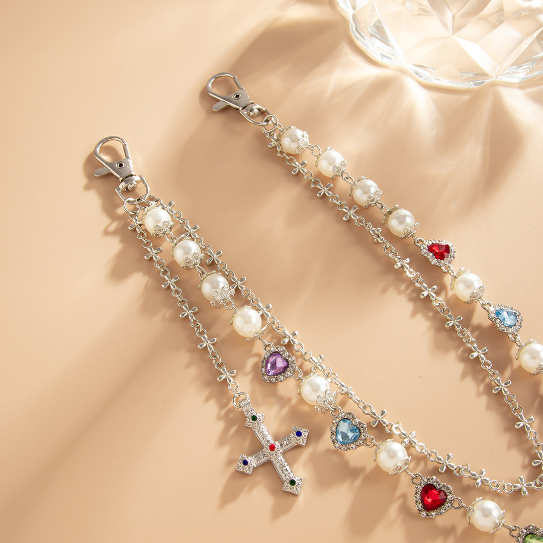 Pearl, Multi-Gemstone, Cross & Floral Pant Chain