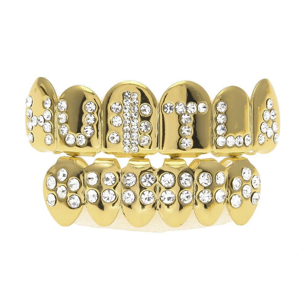 Hip-hop diamond-encrusted and gold-plated teeth grillz