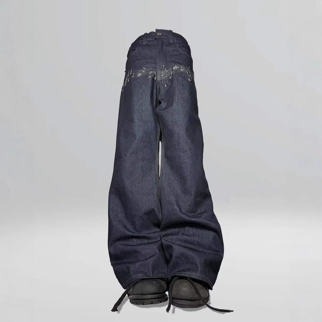 Y2K Loose-Fit Wide-Leg Patchwork Jeans with Floral Embroidery