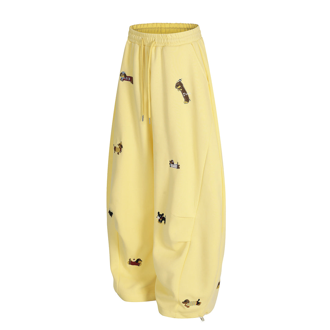 Cartoon Dog Print Straight-Leg Trousers Curved-Cut Casual Pants