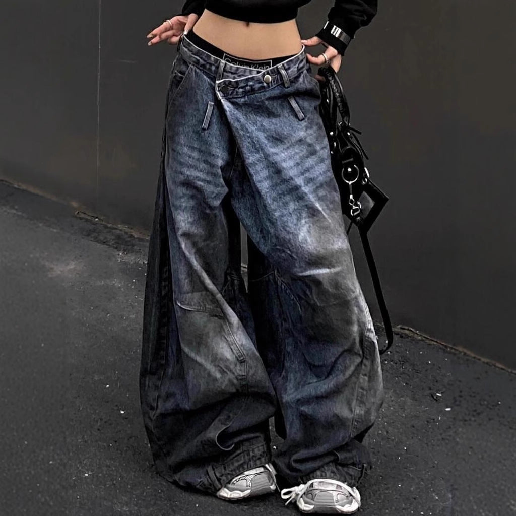 Plus-Size Washed & Distressed Loose-Fit "Curved-Leg" Jeans