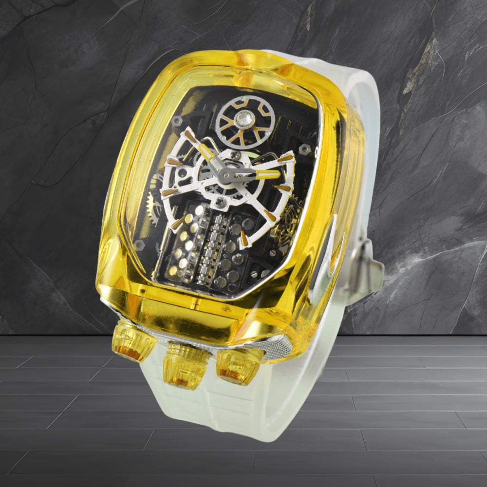 W16 Engine-Style Watch with Sparkling Transparent Crystal Case