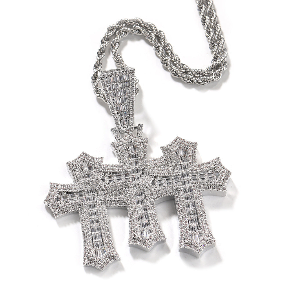 mens gold chain cross diamond-studded necklace