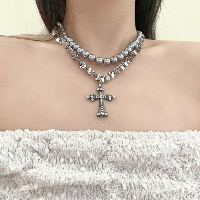 rosary necklace Gray pearl cross necklace