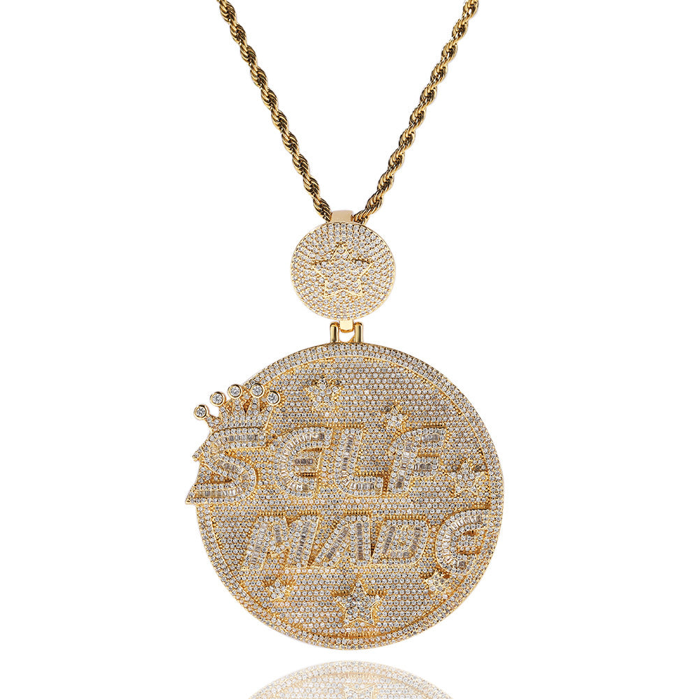 Self made hip-hop large diamond-encrusted disc necklace