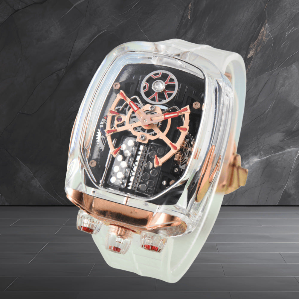 W16 Engine-Style Watch with Sparkling Transparent Crystal Case