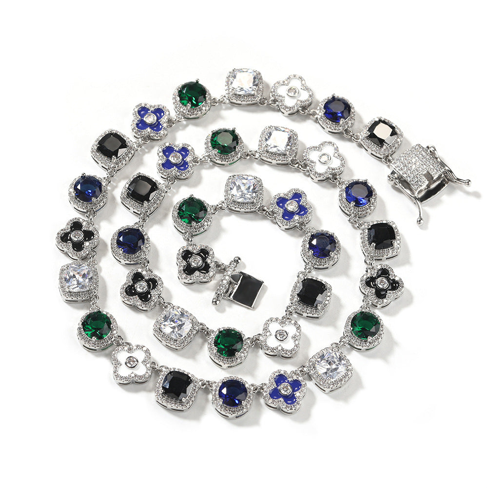 Hip-hop colorful rhinestone-encrusted flower necklace