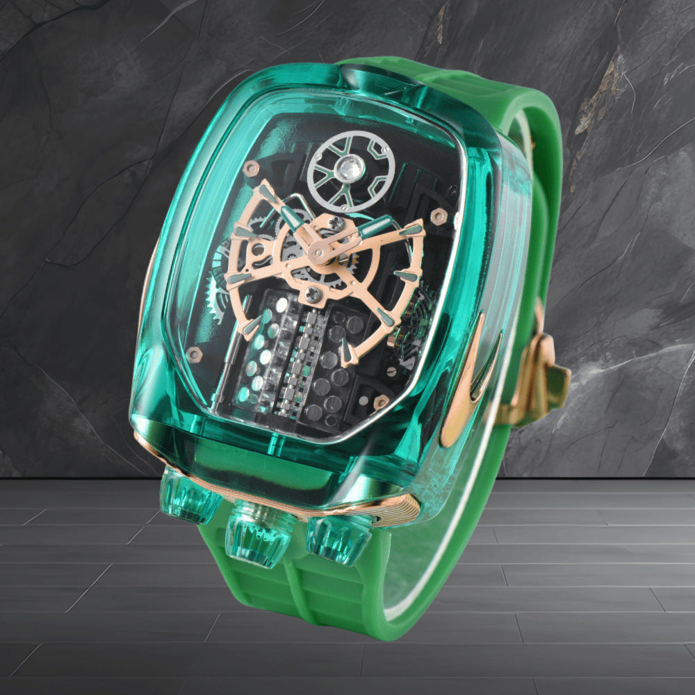 W16 Engine-Style Watch with Sparkling Transparent Crystal Case