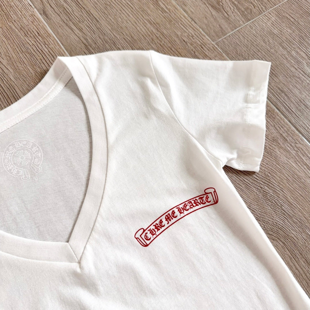 Chrome Hearts V-Neck Scroll Print Short-Sleeve T-Shirt