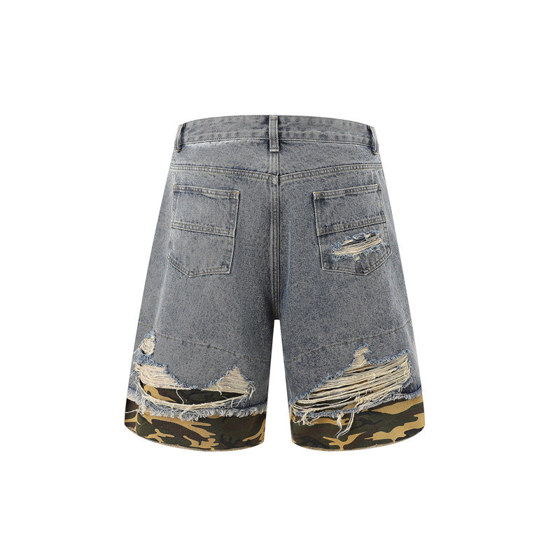 Raw-Hem Leopard-Print Patchwork Denim Shirt & Shorts Set