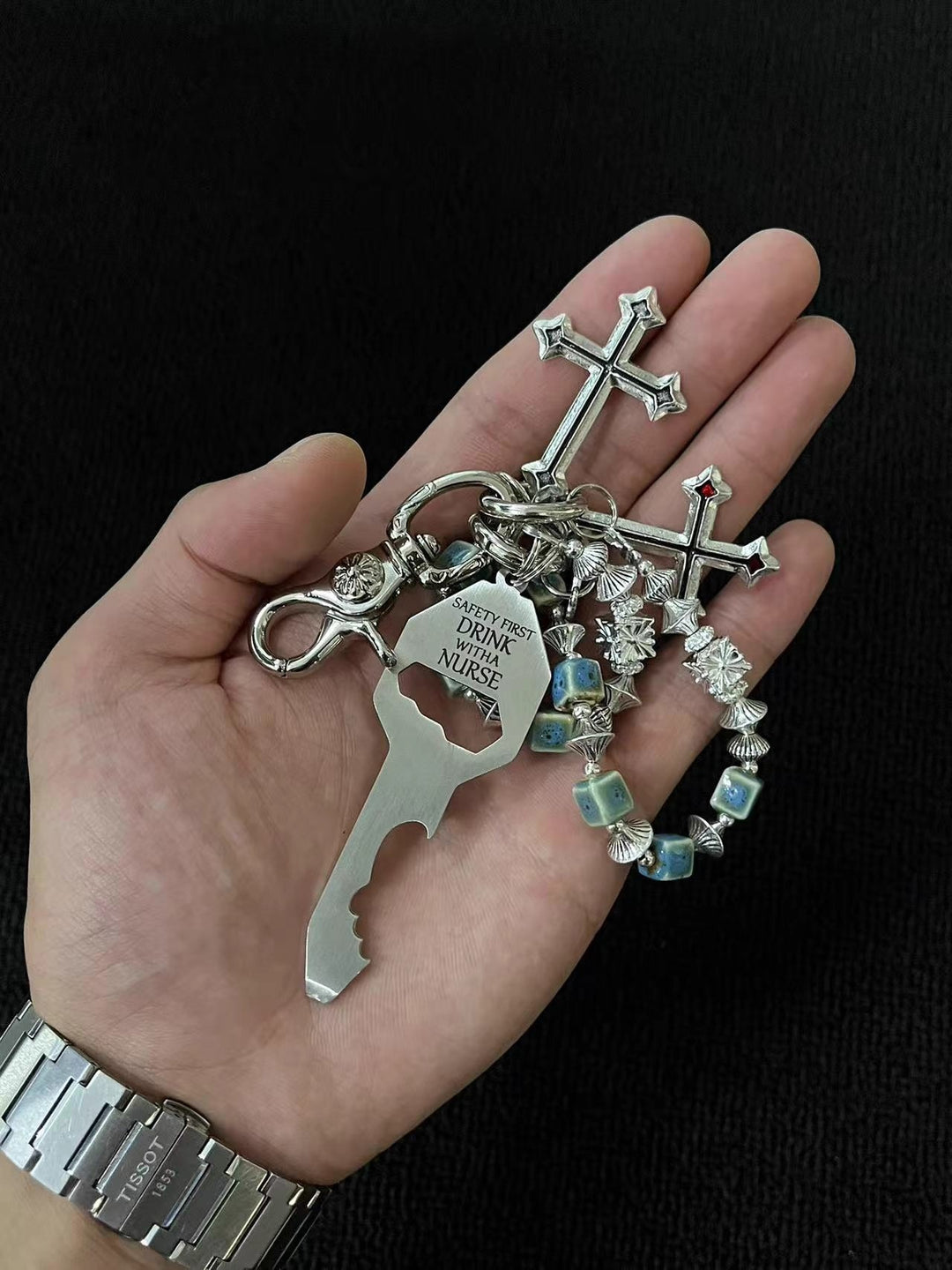 Vintage Blue Ceramic Bead Keychain with Cross Charms