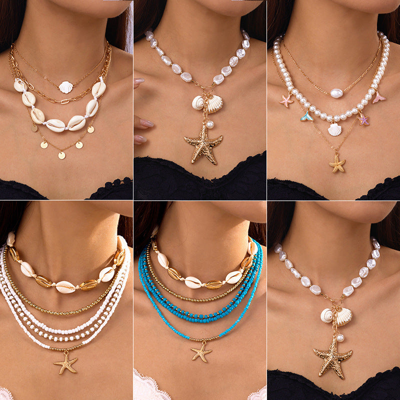 starfish necklace pearl multi-layer stacking necklace