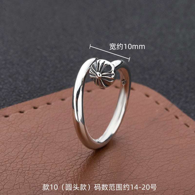 S925 sterling silver chrome hearts cross flower retro open ring